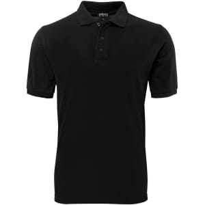 A black polo shirt featuring a three-button placket and short sleeves. It has a logo on the chest area.