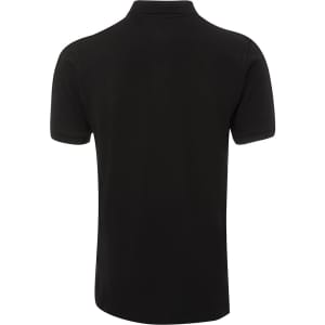 A black pique polo shirt featuring a collar and short sleeves, with a subtle logo on the back.