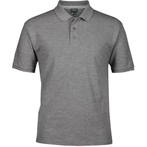 A grey polo shirt featuring a collar and three buttons, with a logo on the chest area.