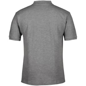 A grey polo shirt with a back view, featuring short sleeves and a collar. It has a logo branding.