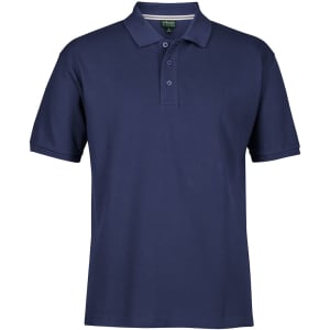 A navy blue polo shirt featuring a collar and three buttons, with a logo on it.