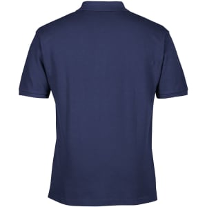 A navy blue polo shirt featuring a back view with a logo on the upper back.