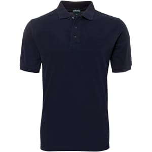 A navy blue polo shirt with a collared neckline, short sleeves, and a front placket with buttons. It features a logo.