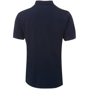 A navy blue polo shirt with a collar and short sleeves, featuring a logo on the side.