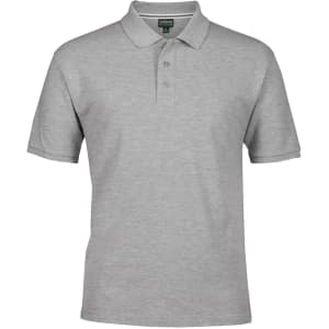 A grey polo shirt with a collar and three buttons, featuring a logo on the label.