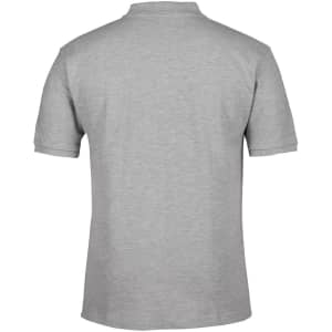 A grey polo shirt featuring a classic collar and short sleeves, with a logo on the back.