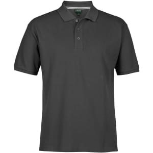 A dark grey polo shirt featuring a classic collar and a logo on the chest.