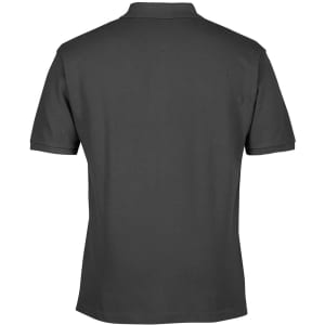 A charcoal grey polo shirt with a classic collar and short sleeves, featuring a logo on the chest.