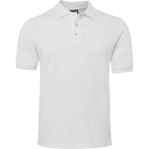 A white polo shirt with a collar and three-button placket, featuring a logo on the chest.