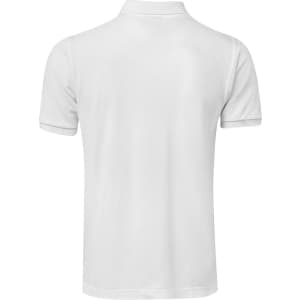 A white polo shirt featuring a collar and short sleeves. It has a logo on the design.
