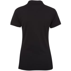 A black ladies' polo shirt with a collar, featuring a textured design and a logo on the back.