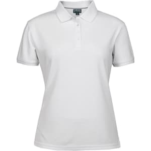 A white ladies' polo shirt with a collar, featuring short sleeves and a subtle texture. It has a logo on the chest.