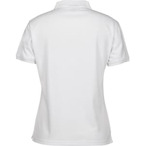 A ladies' polo shirt in white, featuring a classic design and a collar, with a logo on the back.