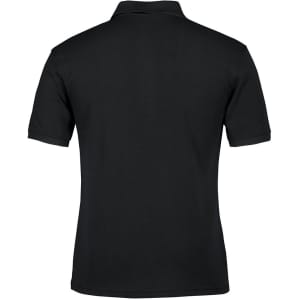A black polo shirt featuring a collar and short sleeves, with a logo on the back.