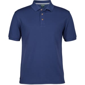 A navy blue polo shirt featuring a collar, short sleeves, and three buttons. It has a logo on the chest.