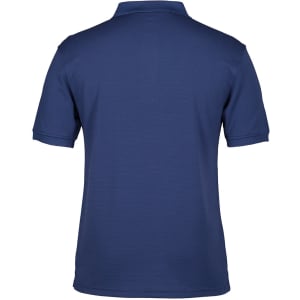A navy polo shirt with a classic collar and short sleeves, featuring a logo on the back.