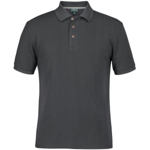 A dark grey polo shirt featuring a collar and three-button placket, with a logo on the chest.
