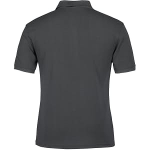 A dark grey polo shirt with a classic collar and short sleeves, featuring a logo on the back.