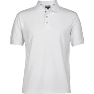 A white polo shirt featuring a classic collar and three buttons, with a logo on the chest.