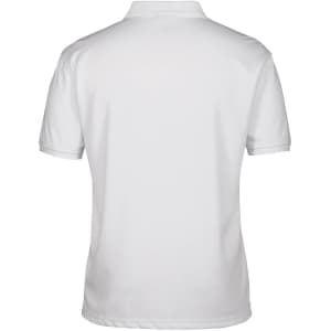 A white polo shirt with a collar and short sleeves, featuring a logo on the back.