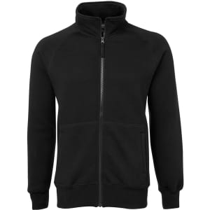 A black full zip fleecy jacket with a high collar and ribbed cuffs, featuring a logo on the left chest area.