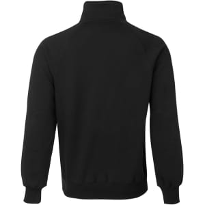 A black jumper featuring a full zip, high collar, and raglan sleeves, with elbow patches.