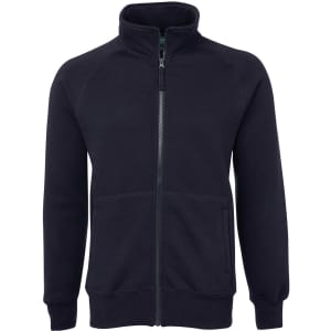 A full zip jumper in black with a high collar and two front pockets. It features a logo on the chest.