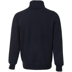 A navy full zip fleece jumper with a collar and raglan sleeves, featuring a logo on the back.