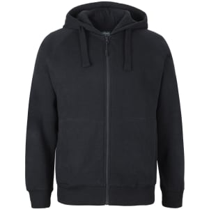 A dark green zip-up hoodie with a hood and kangaroo pockets, featuring a logo.