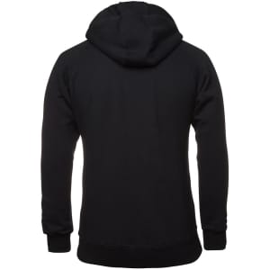A black hoodie featuring a hood, with a simple design and no visible logos.