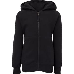 A black hoodie featuring a zip-up front, long sleeves, and a hood. The garment has a logo.