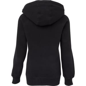 A black hoodie featuring a drawstring hood and long sleeves, with a simple design and a logo on the back.