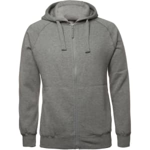 A grey zip-up hoodie featuring a hood and pockets, with a logo on the front.