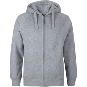 A grey zip-up hoodie with a hood, features a front pocket and has a logo on the label.