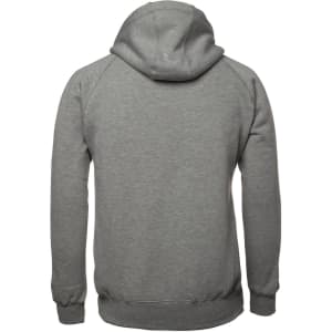 A grey hoodie with a hood and long sleeves, featuring a simple design and a logo on the back.