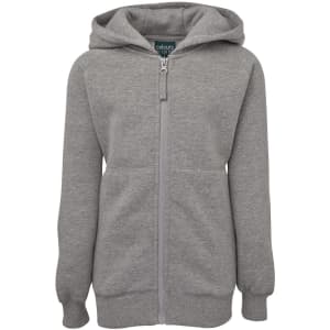 A grey hoodie with a full zip and a hood, featuring front pockets and a branding label inside.