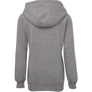 A grey hoodie featuring a hood and ribbed cuffs, with a branding logo on the back.