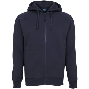 A navy blue zip-up hoodie featuring a front pocket and drawstring hood, with a subtle logo on the label.
