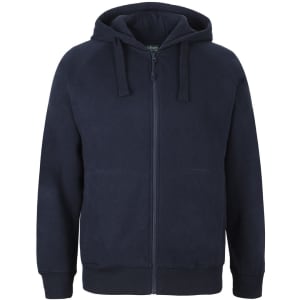 A navy hoodie featuring a zip front, adjustable drawstring hood, and side pockets. It has a logo on the chest.