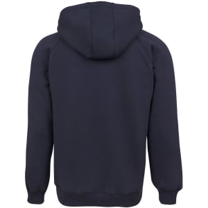 A navy hoodie featuring a central hood and ribbed cuffs, with a logo on the back.