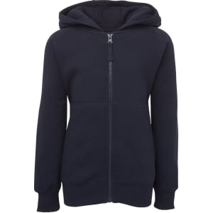 A navy hoodie with a zip front and a fitted design, featuring a hood and long sleeves. It includes a logo.