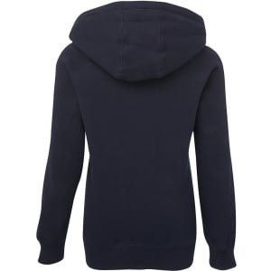 A navy blue hoodie featuring a hood and long sleeves, with a simple design and a branding logo.