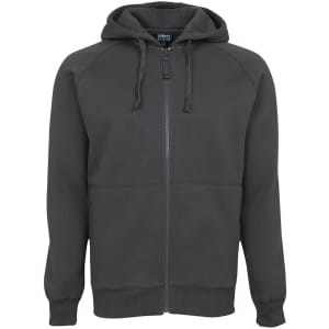 A dark grey hoodie with a zip, featuring a hood and front pockets. It has a logo on the label.