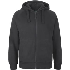 A black zip-up hoodie featuring a hood and front pockets, with a logo on the label.