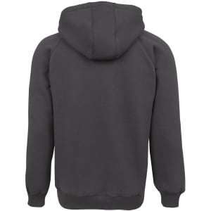 A dark grey hoodie with a hood and raglan sleeves, featuring a logo on the back.