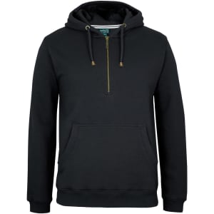 A black 1/2 zip hoodie featuring a front pocket and drawstring hood, with a logo on the label.