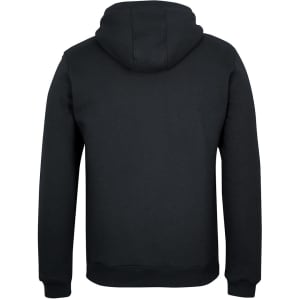 A black 1/2 zip hoodie featuring a hood and a plain back design. It includes a branding logo.