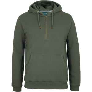 A green brass 1/2 zip hoodie featuring a front pocket and a hood, with a logo on the label.