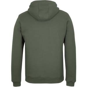 A green 1/2 zip hoodie with a hood, featuring a simple design and a logo on the back.