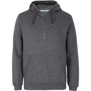 A grey 1/2 zip hoodie featuring a front pocket and a logo. Suitable for casual wear.